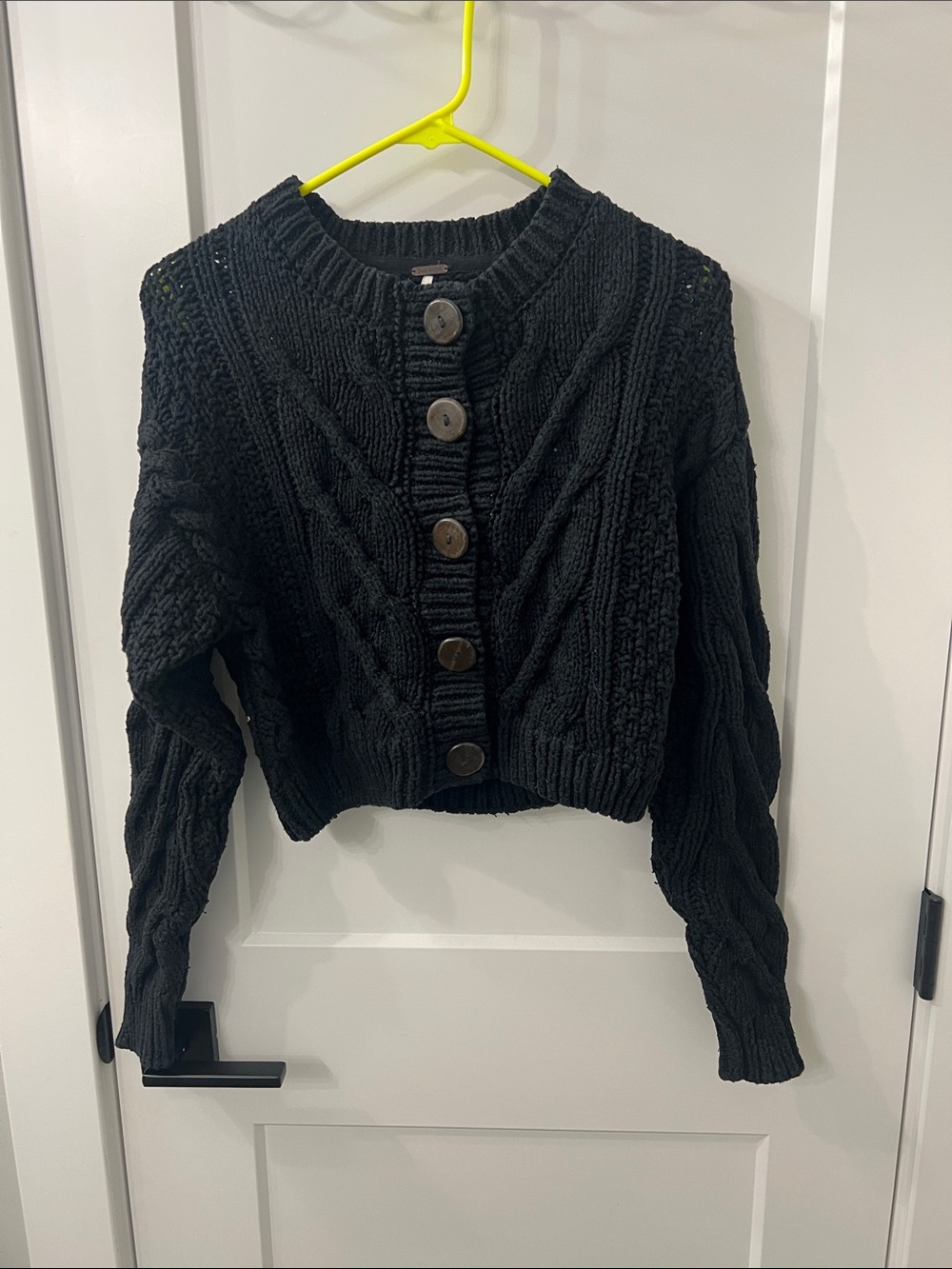 Free People Black Cropped Cable Knit Button-Front Cardigan